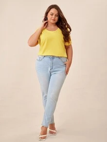 SHEIN BASICS Plus  Solid Scoop Neck Tee - Yellow - View 4