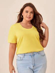 SHEIN BASICS Plus  Solid Scoop Neck Tee - Yellow - View 5