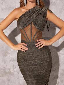 Hauture Vestido De Brillo Fruncido Con Un Solo Hombro - Dorado - Ver 8