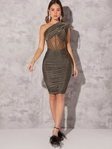 Hauture Vestido De Brillo Fruncido Con Un Solo Hombro - Dorado - Ver 3