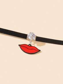 水鑽&唇部吊墜頸鏈 - 黑色 - 查看 3