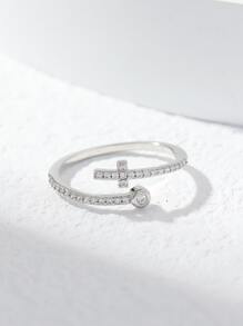 1 pièce Bague en forme de croix et de cœur incrustée de zircone cubique en cuivre pour femme, à porter au quotidien, pour une soirée, une date, la Saint-Valentin, la Fête des Mères, un cadeau - Argent - Voir 1