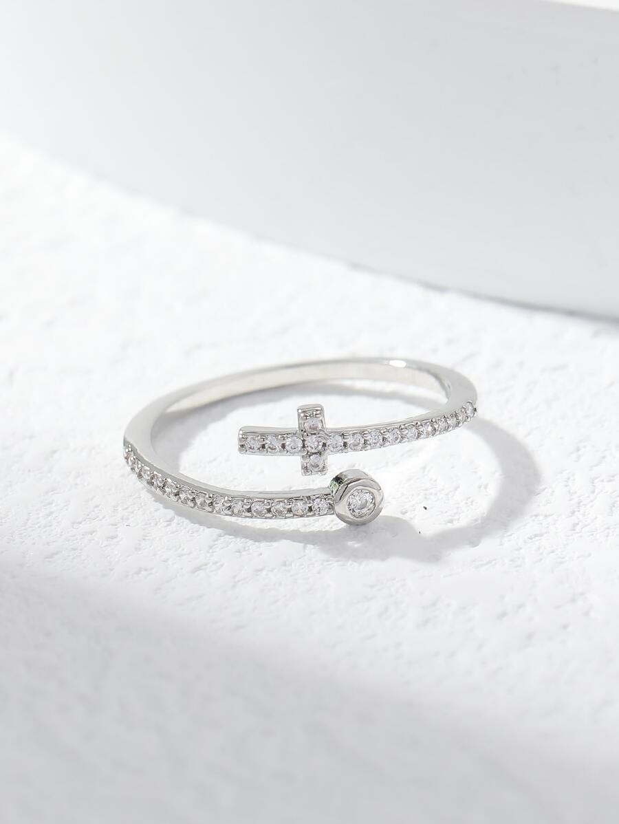 1 pièce Bague en forme de croix et de cœur incrustée de zircone cubique en cuivre pour femme, à porter au quotidien, pour une soirée, une date, la Saint-Valentin, la Fête des Mères, un cadeau - Argent - Voir 1