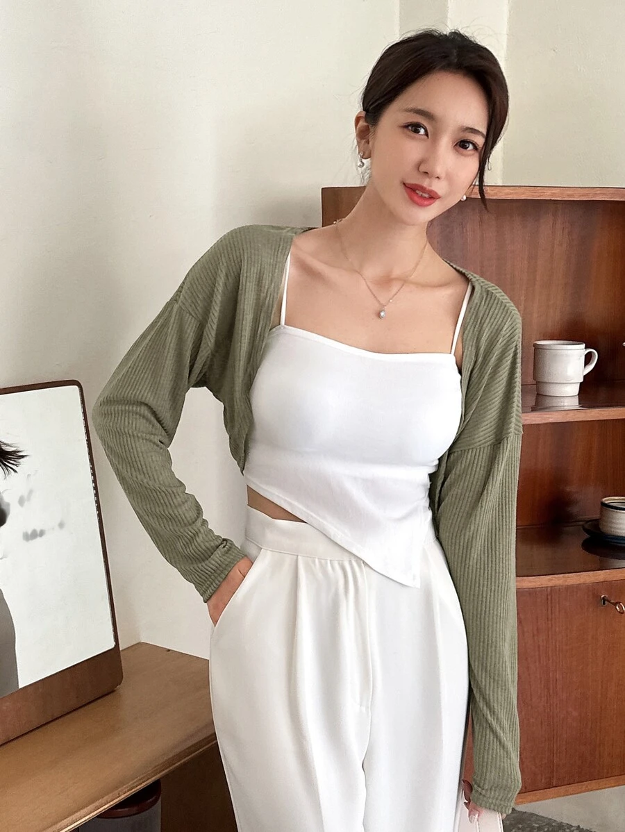 DAZY Cárdigan Corto Con Hombros Caídos Y Diseño Sólido - Verde - Ver 1