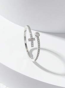 1 pièce Bague en forme de croix et de cœur incrustée de zircone cubique en cuivre pour femme, à porter au quotidien, pour une soirée, une date, la Saint-Valentin, la Fête des Mères, un cadeau - Argent - Voir 2