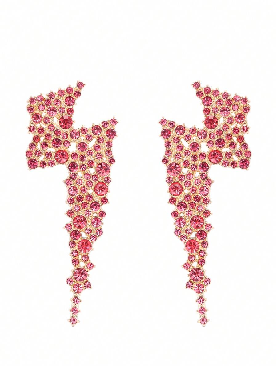 juran 1 Pair Rhinestone Lightning Bolt Design Earrings, Sparkling Jewelry Gift For Women, Suitable For Nightclub - Hot Pink - View 1