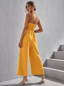 SHEIN VCAY 素色胸部褶皺吊帶連體褲 - 黃色 - 查看 2