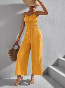 SHEIN VCAY 素色胸部褶皺吊帶連體褲 - 黃色 - 查看 4
