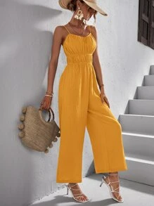 SHEIN VCAY 素色胸部褶皺吊帶連體褲 - 黃色 - 查看 5