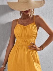 SHEIN VCAY 素色胸部褶皺吊帶連體褲 - 黃色 - 查看 6