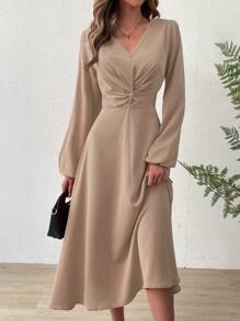 SHEIN Privé Đầm xoắn lại màu trơn Thanh lịch - Màu nâu  Mocha - Xem 2