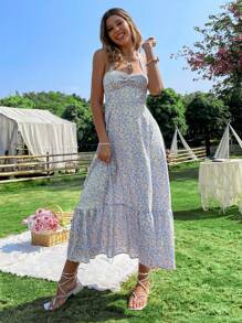 SHEIN VCAY Ditsy Floral Print Ruched Bust Tie Backless Halter Dress - Blue - View 4