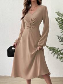 SHEIN Privé Đầm xoắn lại màu trơn Thanh lịch - Màu nâu  Mocha - Xem 4