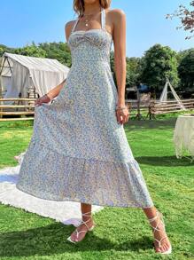 SHEIN VCAY Ditsy Floral Print Ruched Bust Tie Backless Halter Dress - Blue - View 5