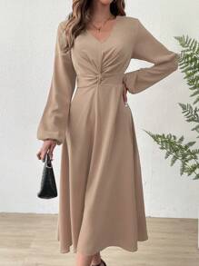 SHEIN Privé Đầm xoắn lại màu trơn Thanh lịch - Màu nâu  Mocha - Xem 5