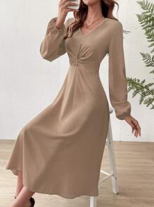 SHEIN Privé Đầm xoắn lại màu trơn Thanh lịch - Màu nâu  Mocha - Xem 6