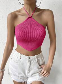 SHEIN VCAY Top de punto con cuello halter sin espalda en colores sólidos para otoño/invierno - Rosa Fucsia - Ver 5