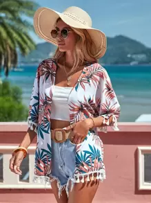 Swim Vcay Kimono con estampado tropical ribete con fleco - Multicolor - Ver 3