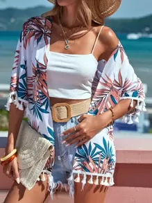 Swim Vcay Kimono con estampado tropical ribete con fleco - Multicolor - Ver 4