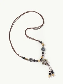 1 件波西米亚风珠饰花朵吊坠项链，适合女士日常装饰情人节 - 卡其色 - 查看 3