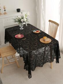 1pc Floral Embroidered Tablecloth - Black - View 3
