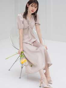 DAZY Twist Front Puff Sleeve Ruched Satin Dress - Baby Pink - View 1