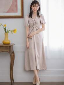 DAZY Twist Front Puff Sleeve Ruched Satin Dress - Baby Pink - View 3