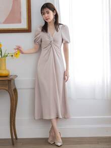 DAZY Twist Front Puff Sleeve Ruched Satin Dress - Baby Pink - View 5