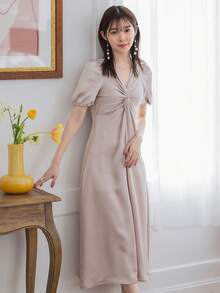 DAZY Twist Front Puff Sleeve Ruched Satin Dress - Baby Pink - View 7