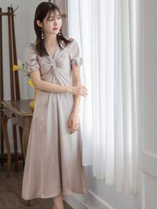 DAZY Twist Front Puff Sleeve Ruched Satin Dress - Baby Pink - View 8