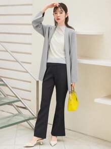 DAZY Cárdigan unicolor de manga raglán con cinturón - Gris - Ver 4