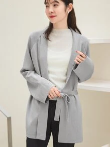 DAZY Cárdigan unicolor de manga raglán con cinturón - Gris - Ver 8