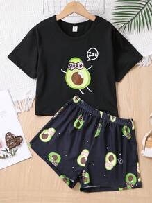 Girls Cartoon Graphic Tee & Shorts PJ Set - Black - View 1