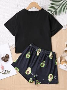 Girls Cartoon Graphic Tee & Shorts PJ Set - Black - View 2