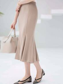 DAZY Váy nữ Viên lá sen Dây kéo màu trơn Thanh lịch - Màu be - Xem 1