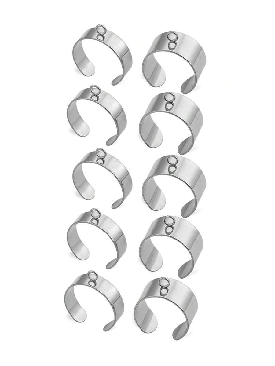 10入組/套休閒不銹鋼開口戒指DIY首飾配件適用於女士DIY首飾製作 - 銀色 - 查看 1