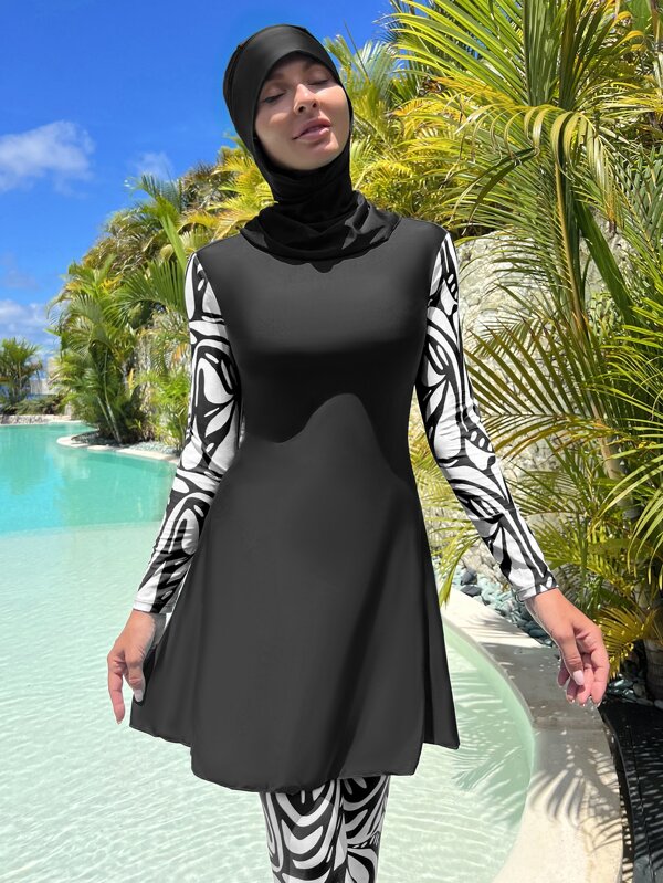 Colorblock Full Cover Burkini Swimsuit SHEIN UK