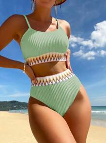 Swim Vcay 夏季海滩罗纹比基尼套装撞色边无线文胸和高腰比基尼泳裤 2 件套比基尼