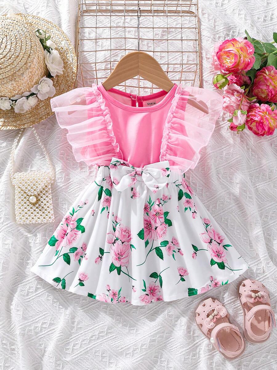 SHEIN Baby Floral Print Ruffle Trim Bow Front Dress - Multicolor - View 1