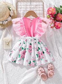 SHEIN Baby Floral Print Ruffle Trim Bow Front Dress - Multicolor - View 2