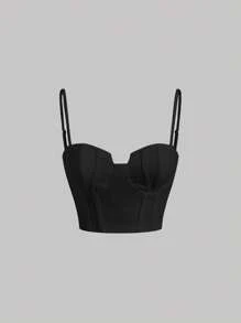 SHEIN MOD Solid Fish Bone Strips Bustier Valentine Day  Black Cami Top