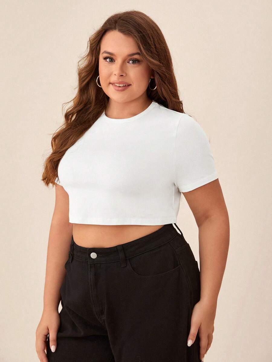 SHEIN BASICS Plus Size Solid Round Neck Short Sleeves Crop Tee For Summer - White - View 1