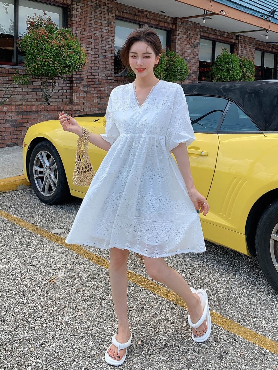 DAZY Đầm màu trơn Dễ thương - trắng - Xem 1