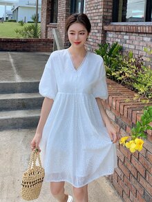 DAZY Đầm màu trơn Dễ thương - trắng - Xem 6