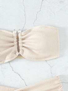 SHEIN Swim 罗纹比基尼套装 V 型钢圈抹胸文胸和前结高腰下装 2 件比基尼，夏季海滩