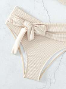 SHEIN Swim 罗纹比基尼套装 V 型钢圈抹胸文胸和前结高腰下装 2 件比基尼，夏季海滩