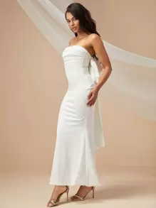 爱心大蝴蝶结露背抹胸婚纱，女士白色优雅新娘礼服，适合情人节、婚礼季派对、假日度假、返校季性感派对穿着 #浪漫蝴蝶结 #魅力优雅连衣裙 春季 - 白色 - 查看 5