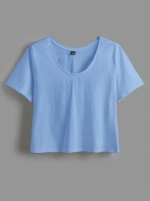 SHEIN BASICS Plus  Solid Scoop Neck Tee - Baby Blue - View 5