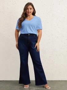 SHEIN BASICS Plus  Solid Scoop Neck Tee - Baby Blue - View 7