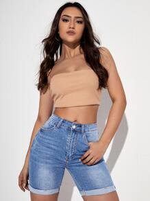 SHEIN Essnce Roll Up Hem Denim Shorts